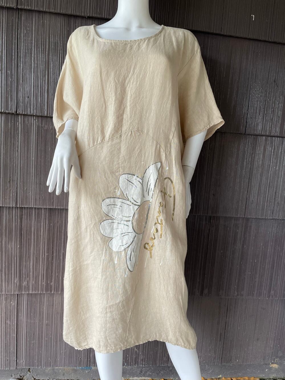 🔥Made In Italy Linen Artsy Floral Beige Relaxed Midi Dress Boho Lagenlook Earty
